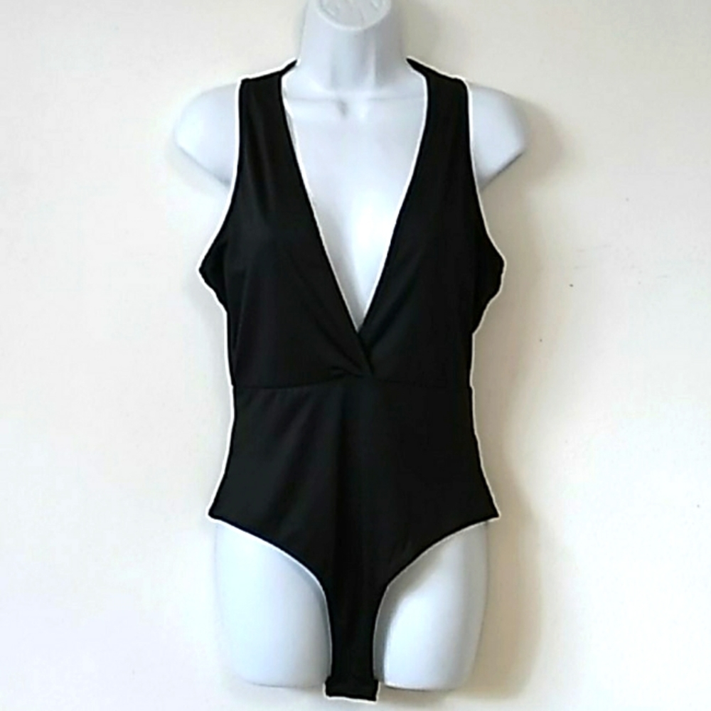 EUC Shein Shiny Black Jersey Deep V-neck Sleeveless Bodysuit 6